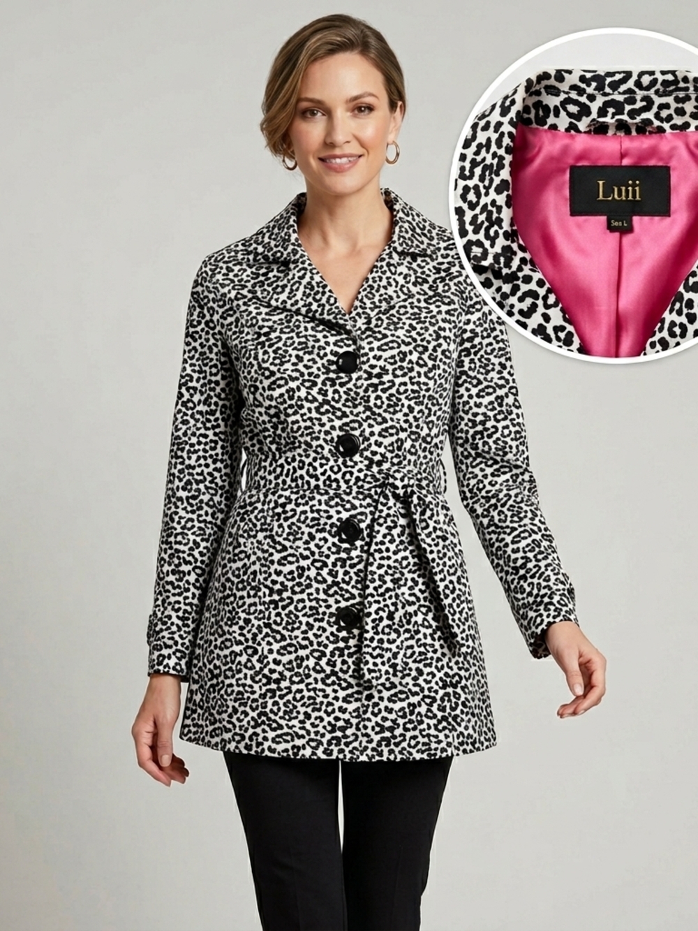 Leopard-Print Luii Belted Peacoat with Pink Lining Size L Jacket